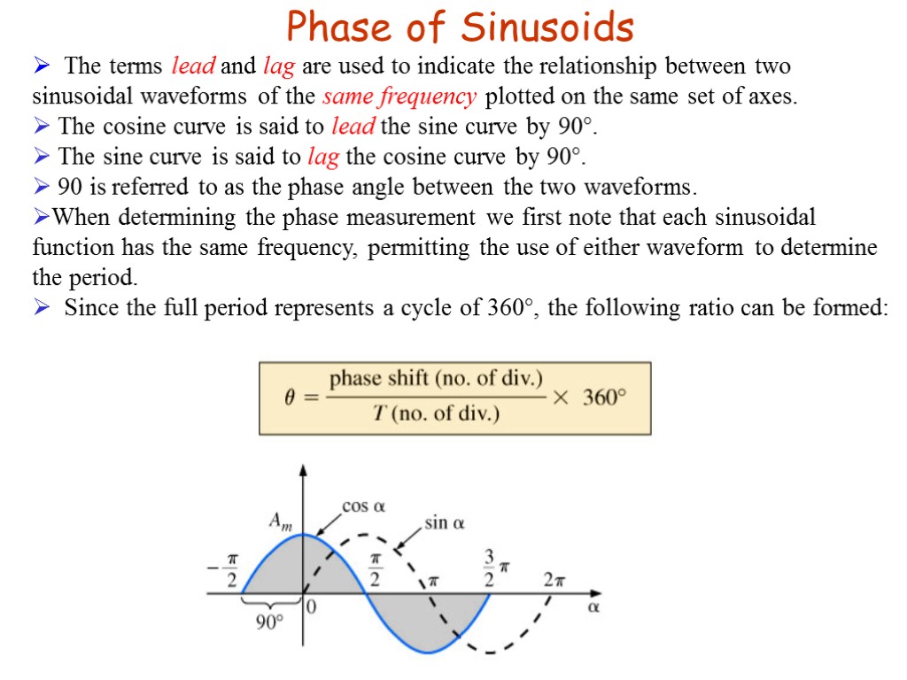 Phase of Sinusoids The terms lead and lag are used to indicate the relationship